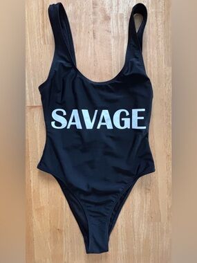 Revamped Black One-Piece Swimsuit with White 'SAVAGE' Graphic